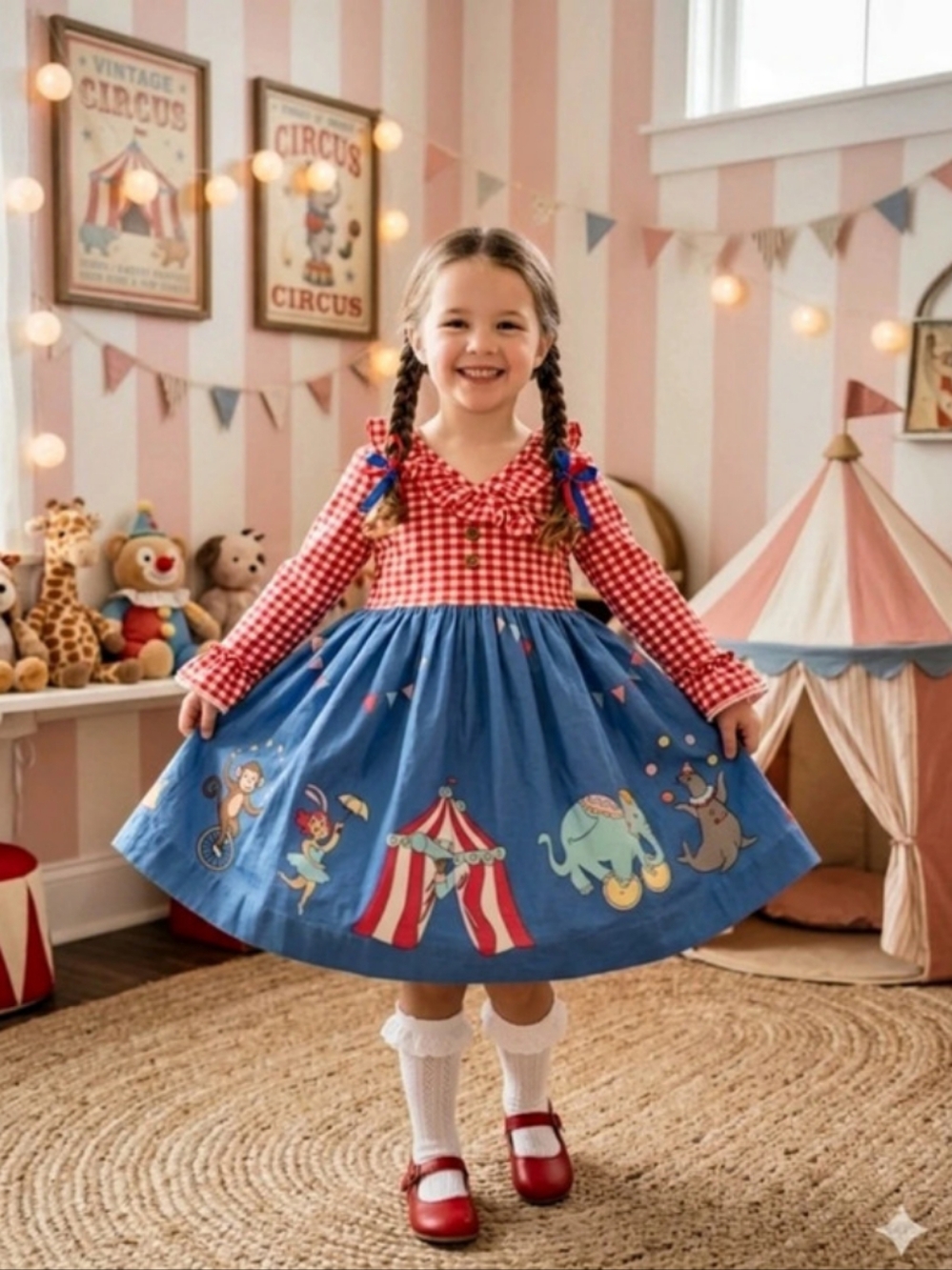 Eleanor Rose Acrobat Appliqué Cotton Sundress Blue & Red